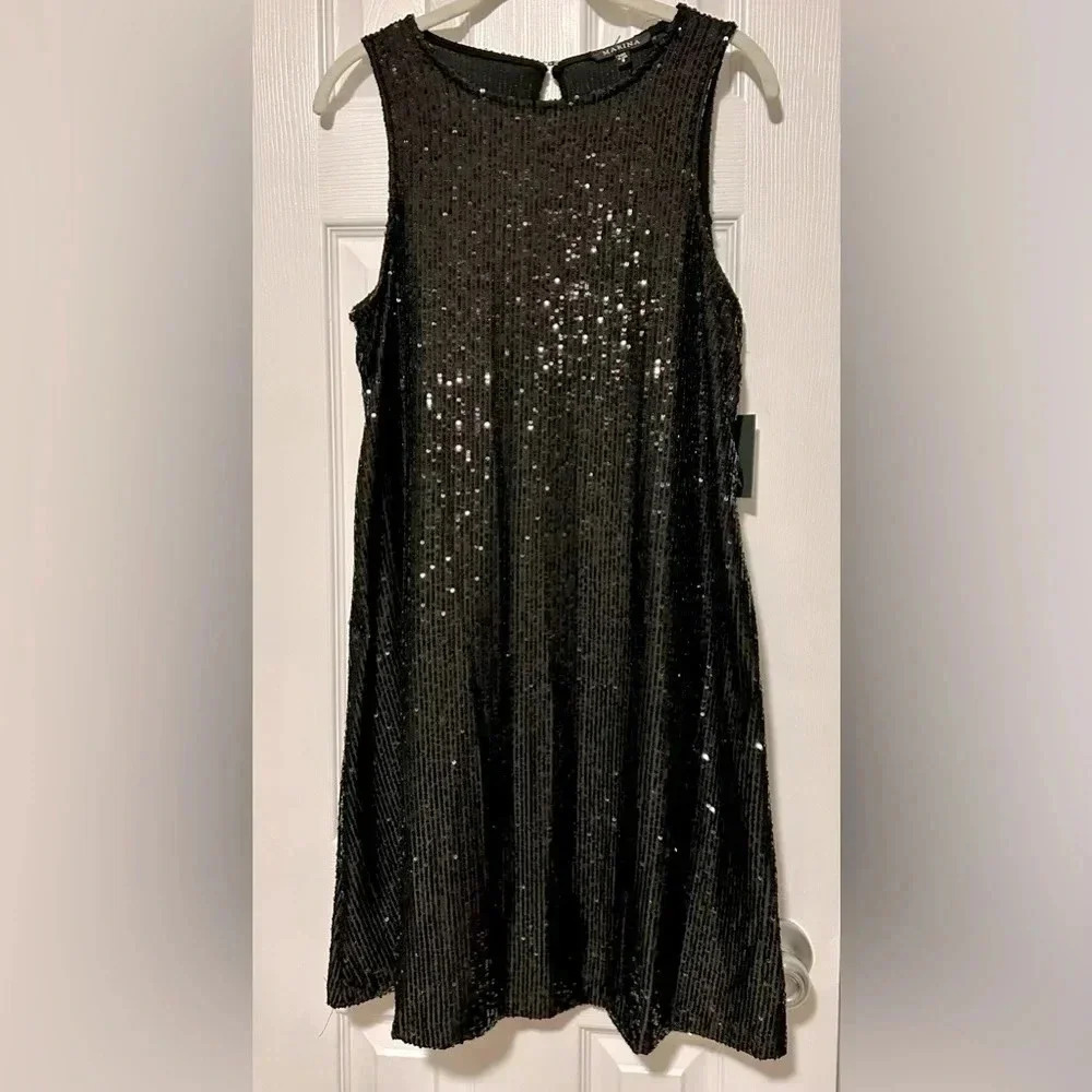 New Marina Black Sequins Dress, Size 8